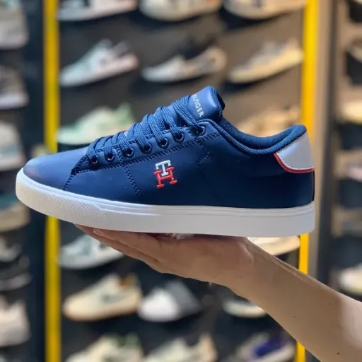 کتونی تامی هیلفیگر کژوال (Tommy Hilfiger Navy Suede White Sole) - رویه جیر سرمه‌ای با لوگوی گلدوزی و زیره ونس | مستر کوالیتی