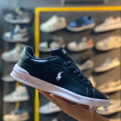کتونی پولو رالف لورن کژوال (Polo Ralph Lauren Black White Sole) - رویه چرم مشکی با لوگوی سفید و زیره ونس سفید | مستر کوالیتی