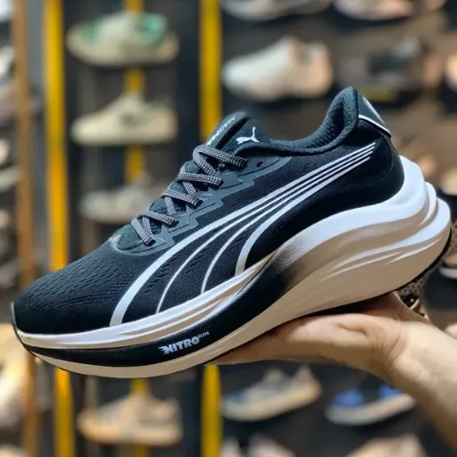 کفش دویدن و پیاده‌روی پوما مدل Puma Fast-R3 / Deviate Nitro Elite - مشکی با زیره ضخیم نیترو سفید | مستر کوالیتی