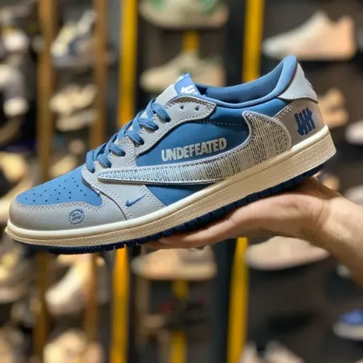 کفش کتانی اسپرت نایکی ایر جردن ۱ لو مدل Nike Air Jordan 1 Low x Undefeated / Travis Scott Style - رنگ آبی طوسی | مستر کوالیتی