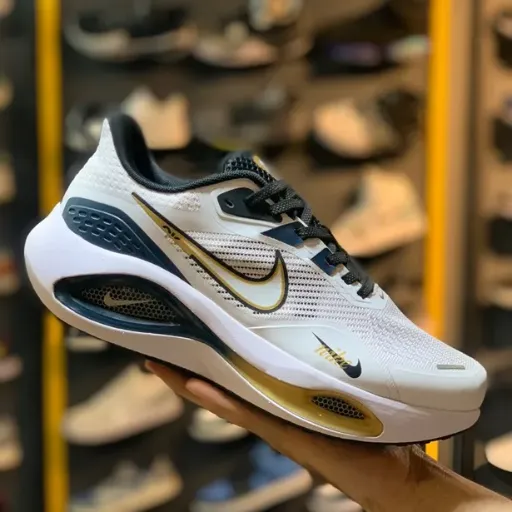 کتونی نایکی پگاسوس (Nike Pegasus) - رویه پارچه‌ای تنفس‌پذیر سفید با جزئیات طلایی و زیره لژدار طبی | مستر کوالیتی