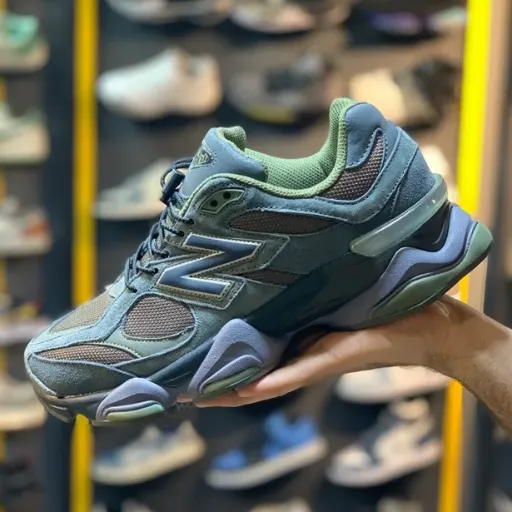 کتونی نیوبالانس ۹۰۶۰ سبز لجنی و زغالی (New Balance 9060 Olive Green / Charcoal Grey) - رویه جیر و مش تنفس‌پذیر زیتونی و لجنی و زیره حجیم طبی ABZORB | مستر کوالیتی