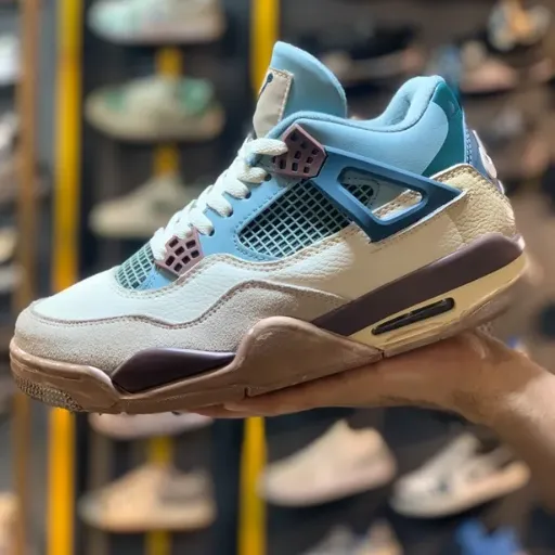 کفش کتانی اسپرت نایکی ایر جردن ۴ مدل Nike Air Jordan 4 Retro - رنگ آبی سفید خاکی | مستر کوالیتی