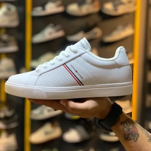 کتونی تامی هیلفیگر کژوال (Tommy Hilfiger White Triple Leather) - رویه چرم تمام سفید با نوار سه‌رنگ آیکونیک و زیره ونس | مستر کوالیتی