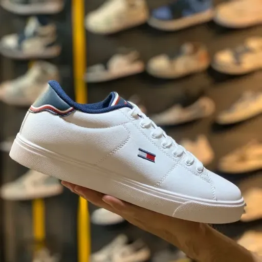 کتونی تامی هیلفیگر (Tommy Hilfiger White Navy Heel Tab) - رویه چرم سفید با پشت پاشنه سرمه‌ای و لوگوی پرچم | مستر کوالیتی